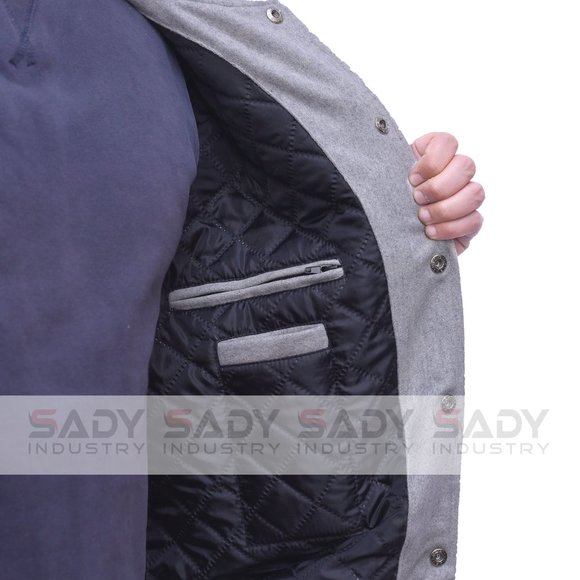 Bomber Jacket Varsity Letterman Baseball in Grey Wool and Genuine White Leather - Picture 3 of 8
